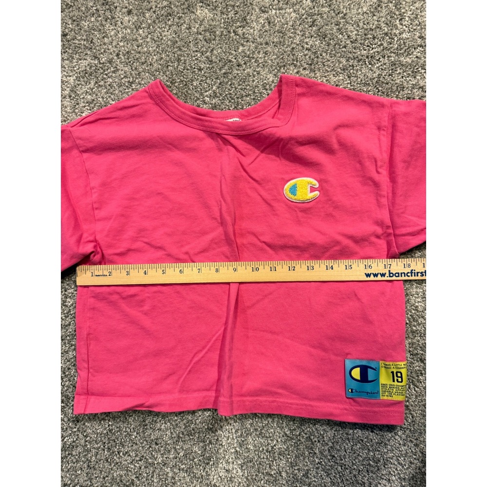 Champion‎ Reverse Weave Crop Top T-Shirt Pink Embroidered Logo Patch 19 Small - Picture 7 of 9